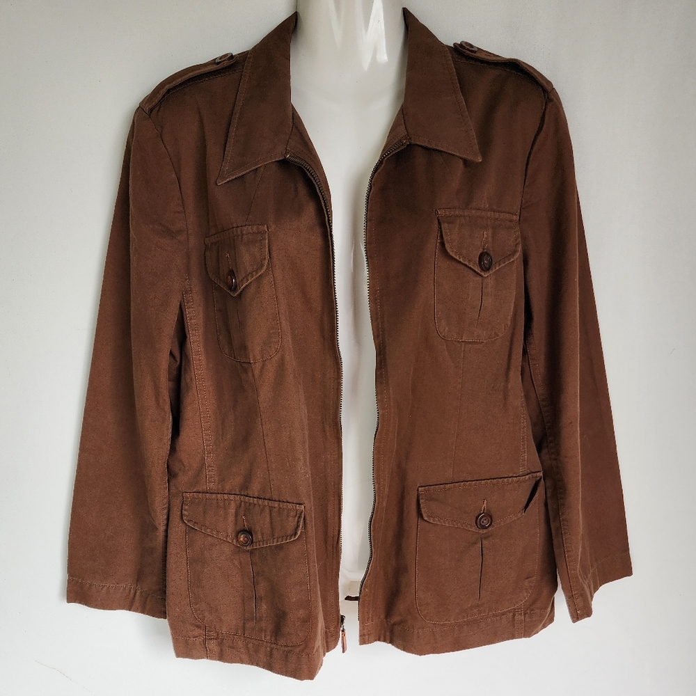 Liz Claiborne Lizsport Petite Brown Tan Zip Up Jacket Size 12